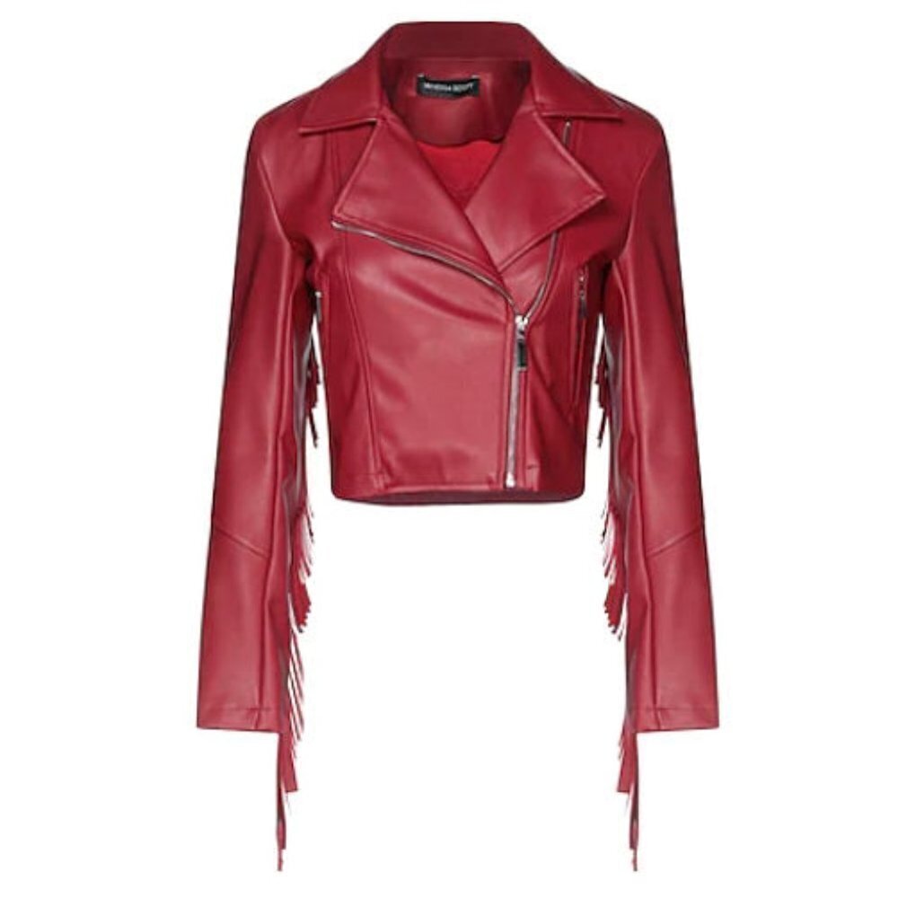 VANESSA SCOTT FAUX LEATHER TASSLE CROPPED JACKET Size: L Pearlized Mauve